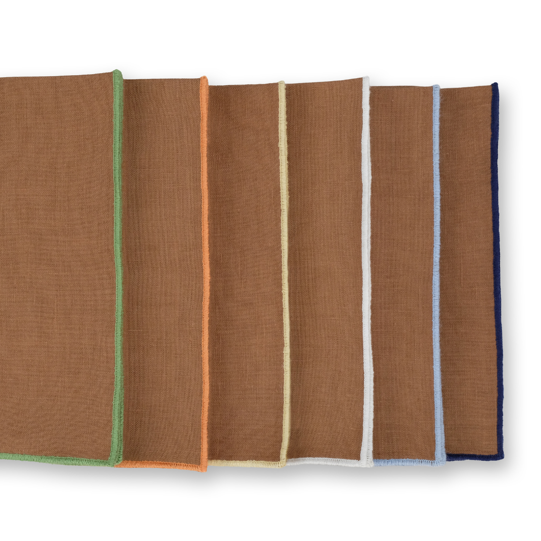 Embroidered brown linen napkin, coloured borders - Meillart